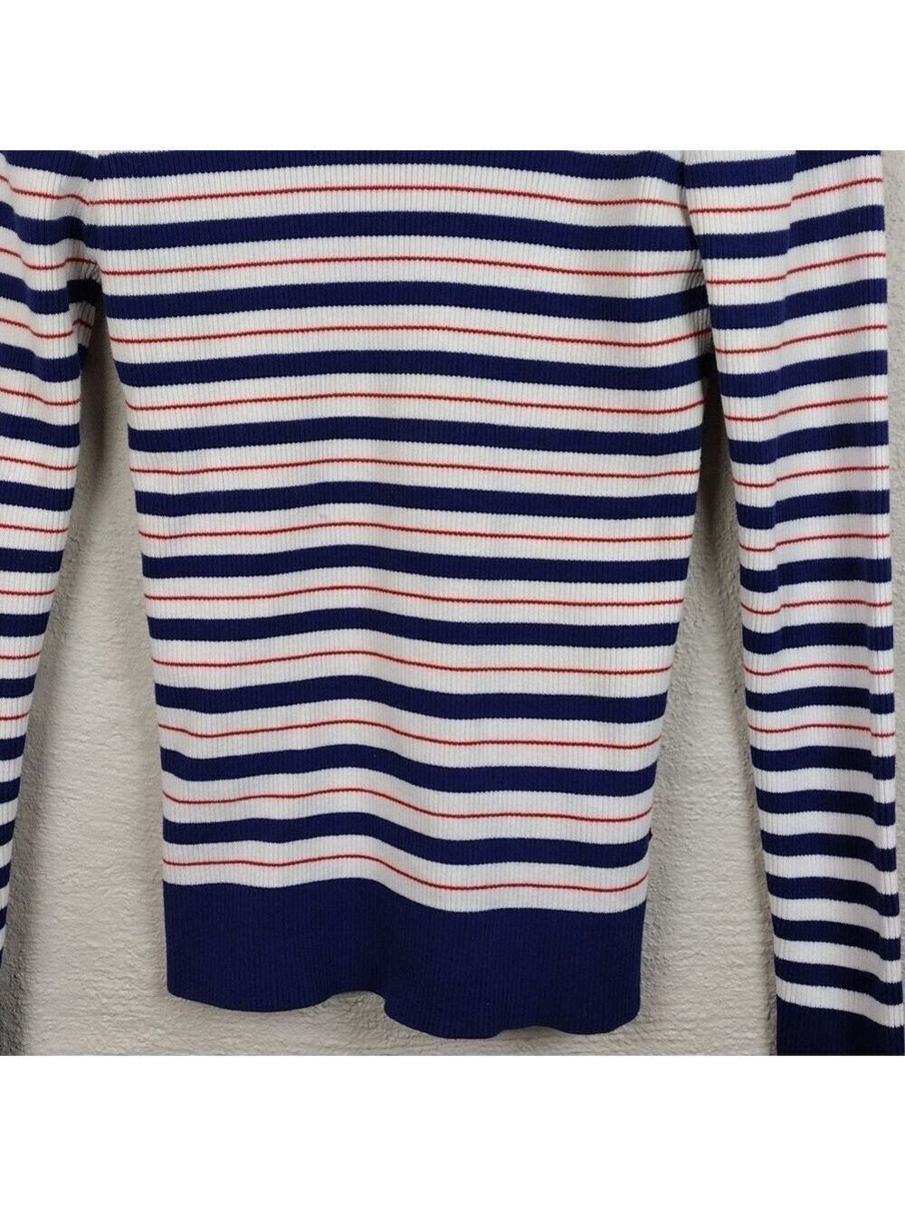 Scotch & Soda Red White Blue Striped Mock Neck Long Sleeve Ribbed Knit Top - Picture 3 of 12